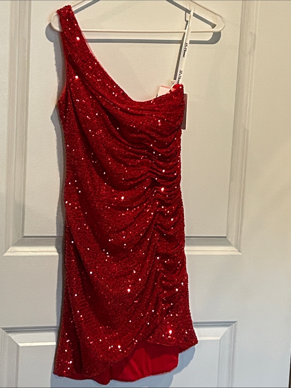 JJs House Red Sequin Draped One-Shoulder Mini Dress